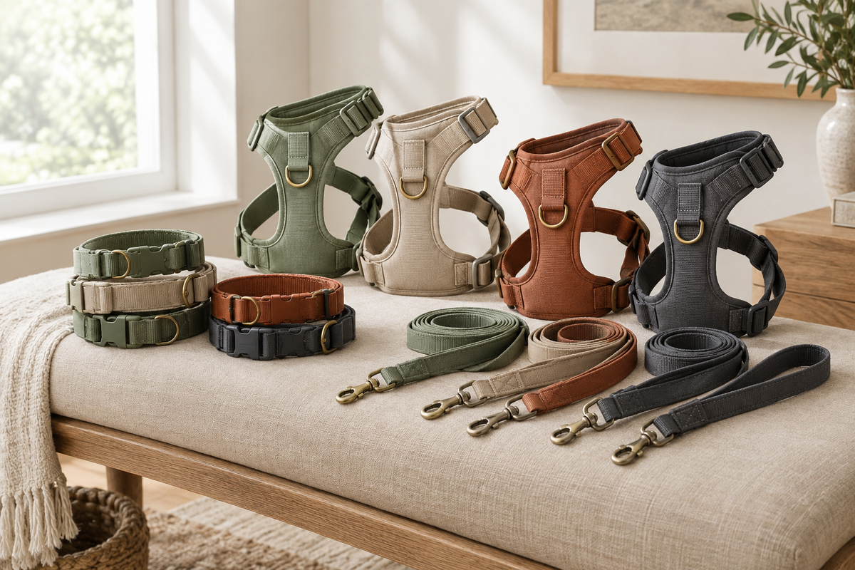 Collars, leads and harnesses in a calm home setting