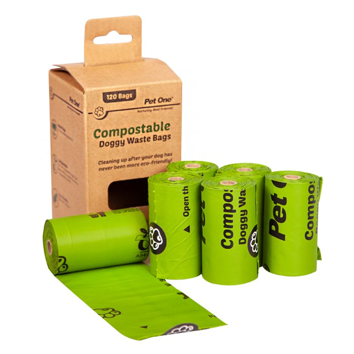 PET ONE DOGGY WASTE BAGS - COMPOSTABLE 6 ROLLS X 20BAGS PER ROLL