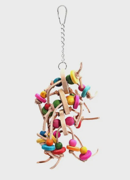 AVI ONE BIRD TOY LEATHER ROPE WITH WOODEN DISCS AND COLOURED BEADS 33CM